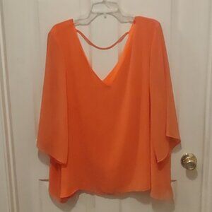 NWOT Women's Bisou Bisou Orange Sheer Lined Blouse 3/4 Sheer Sleeve 3X V-Neck